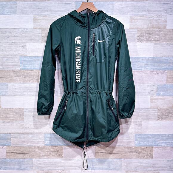 Michigan State Spartans Nike Longline Rain Jacket Green Cinch Waist Womens XS - Picture 1 of 8